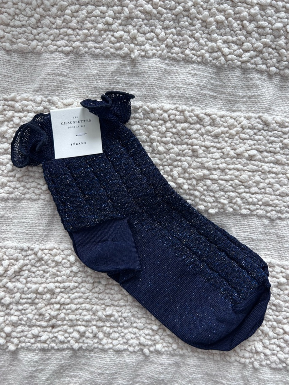 Sezane Navy Sparkle Ankle Socks with Ruffle Cuff